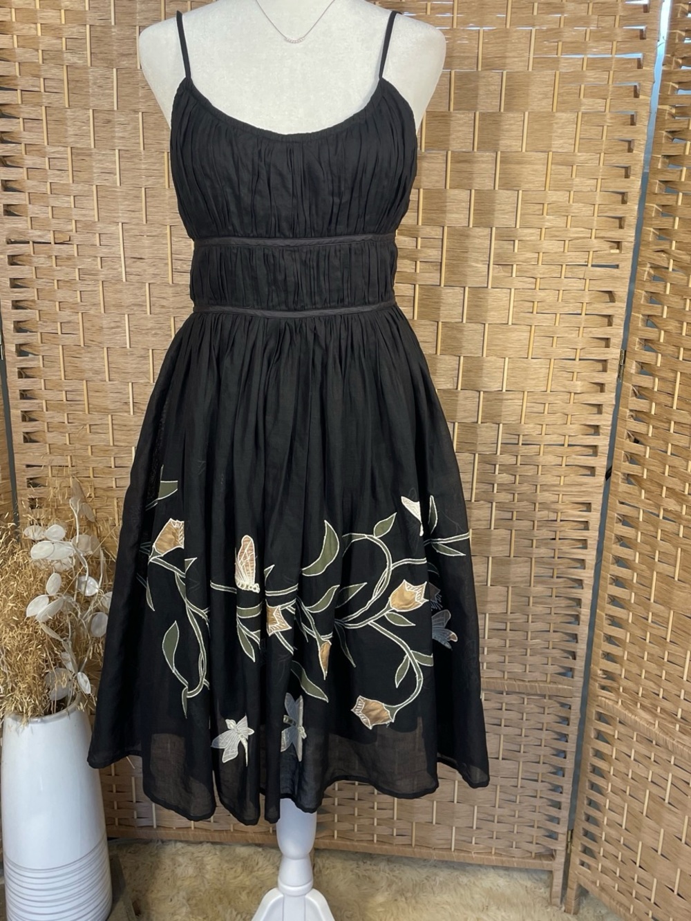 Black Lithe Silk Floral Midi Tea Length Dress